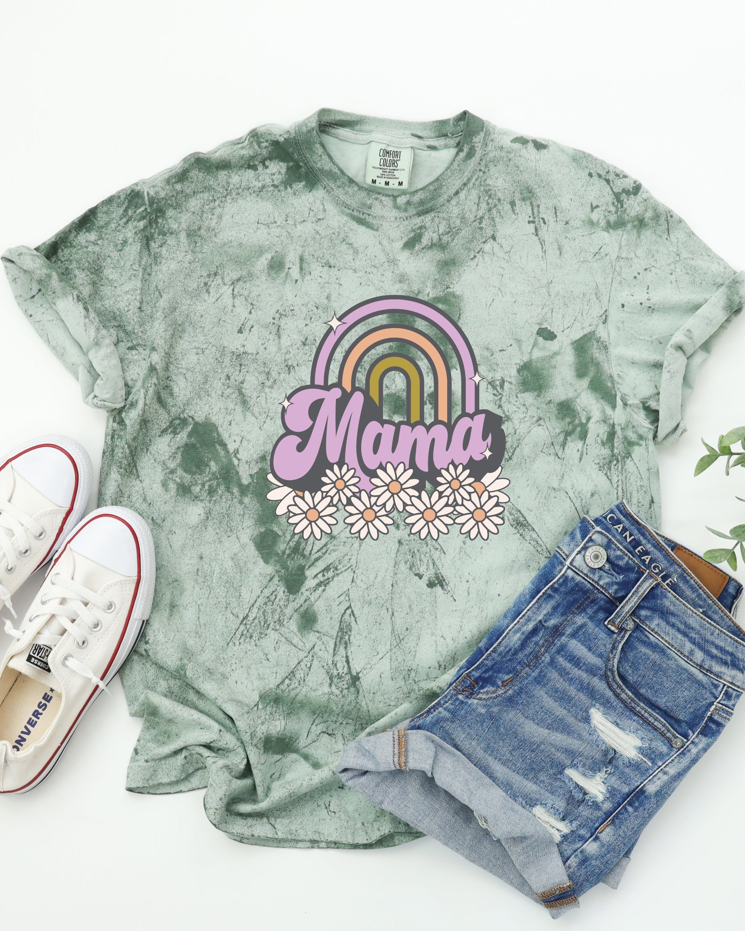 Unisex graphic T-shirt, sage green, short sleeves with rainbow Mama design