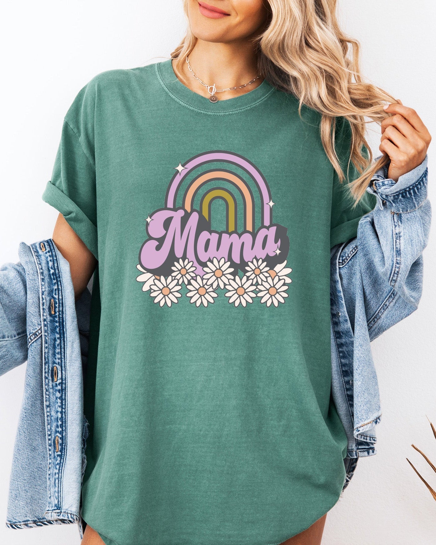Green Mama rainbow graphic comfort t-shirt with floral outline design on front