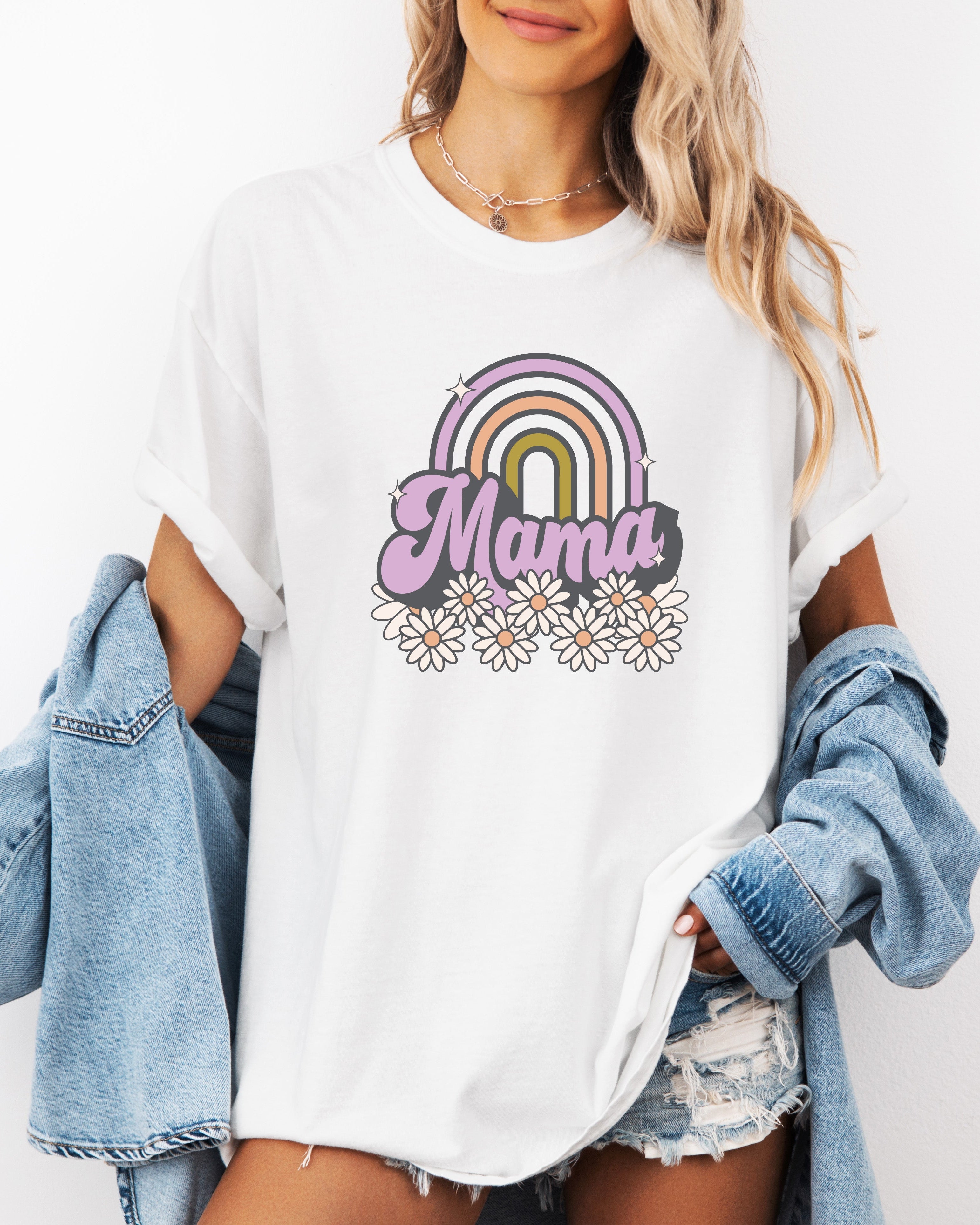 Unisex graphic T-shirt, white, short sleeves with rainbow Mama design