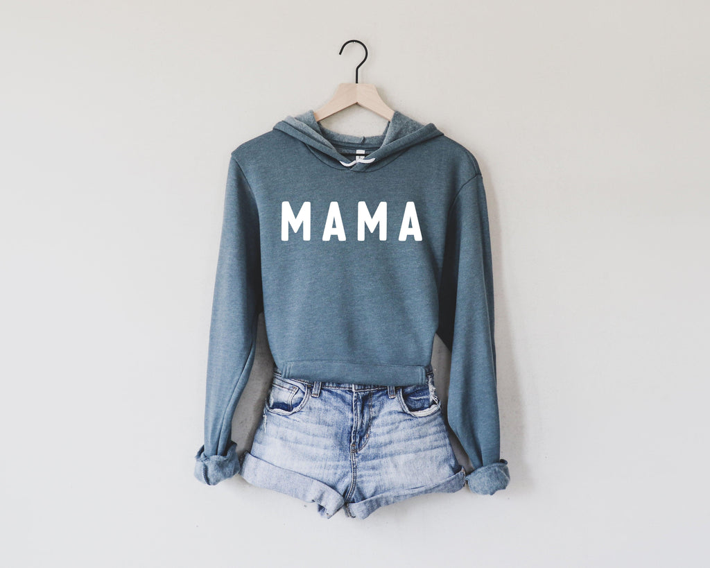 Blue heather Mama fleece hoodie with large MAMA print, drawstring hood, kangaroo pocket