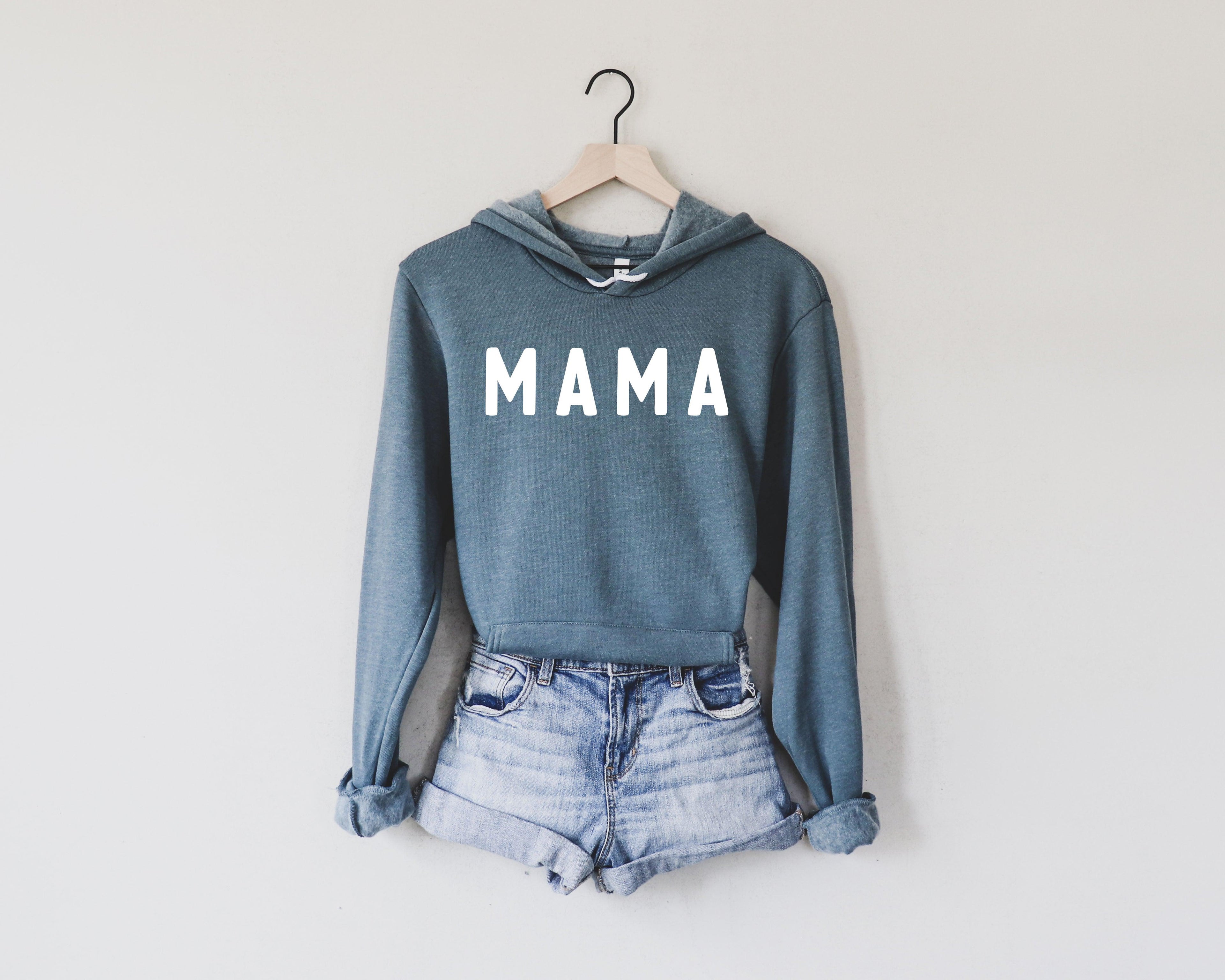Blue heather Mama fleece hoodie with large MAMA print, drawstring hood, kangaroo pocket