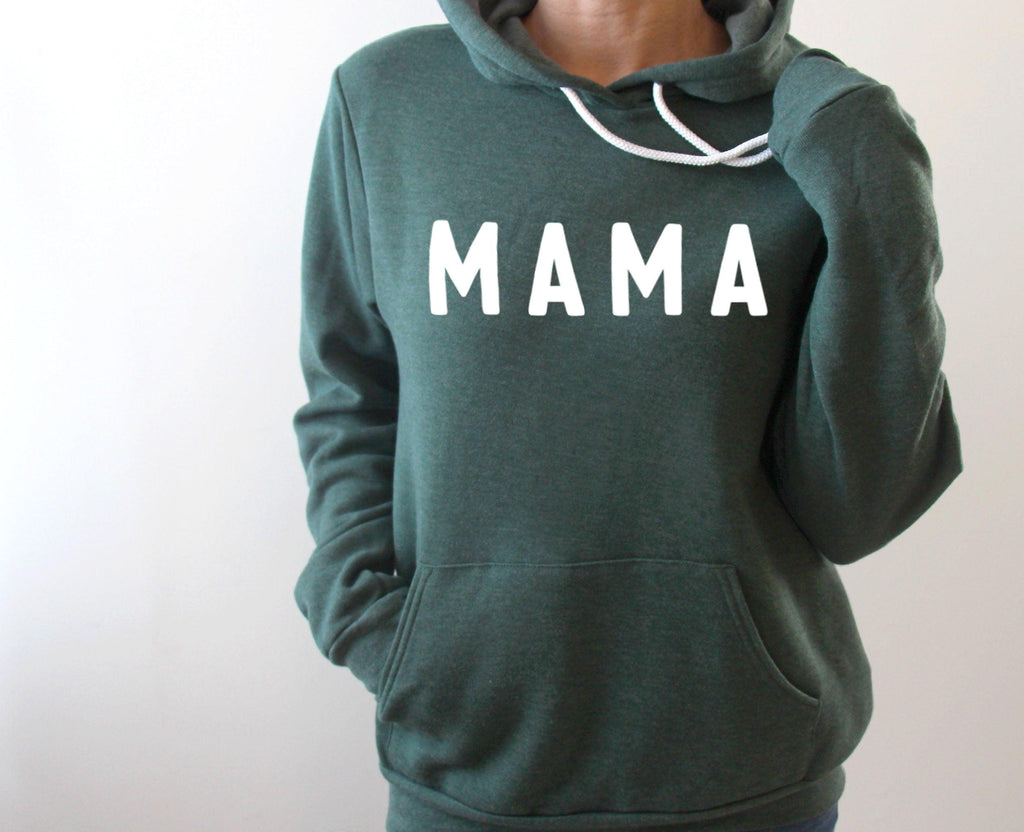 Teal green Mama fleece hoodie with large MAMA print, drawstring hood, kangaroo pocket