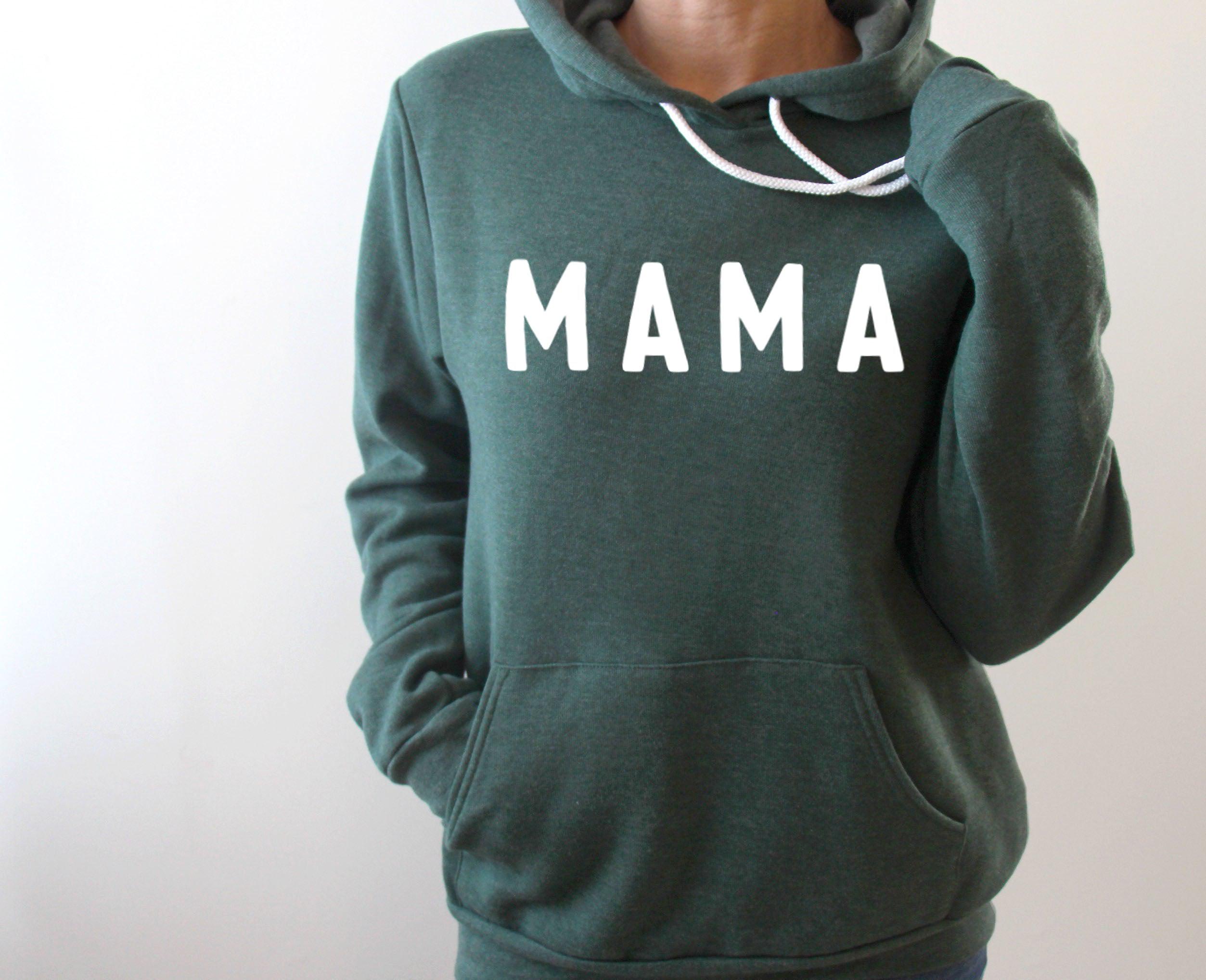 Teal green Mama fleece hoodie with large MAMA print, drawstring hood, kangaroo pocket
