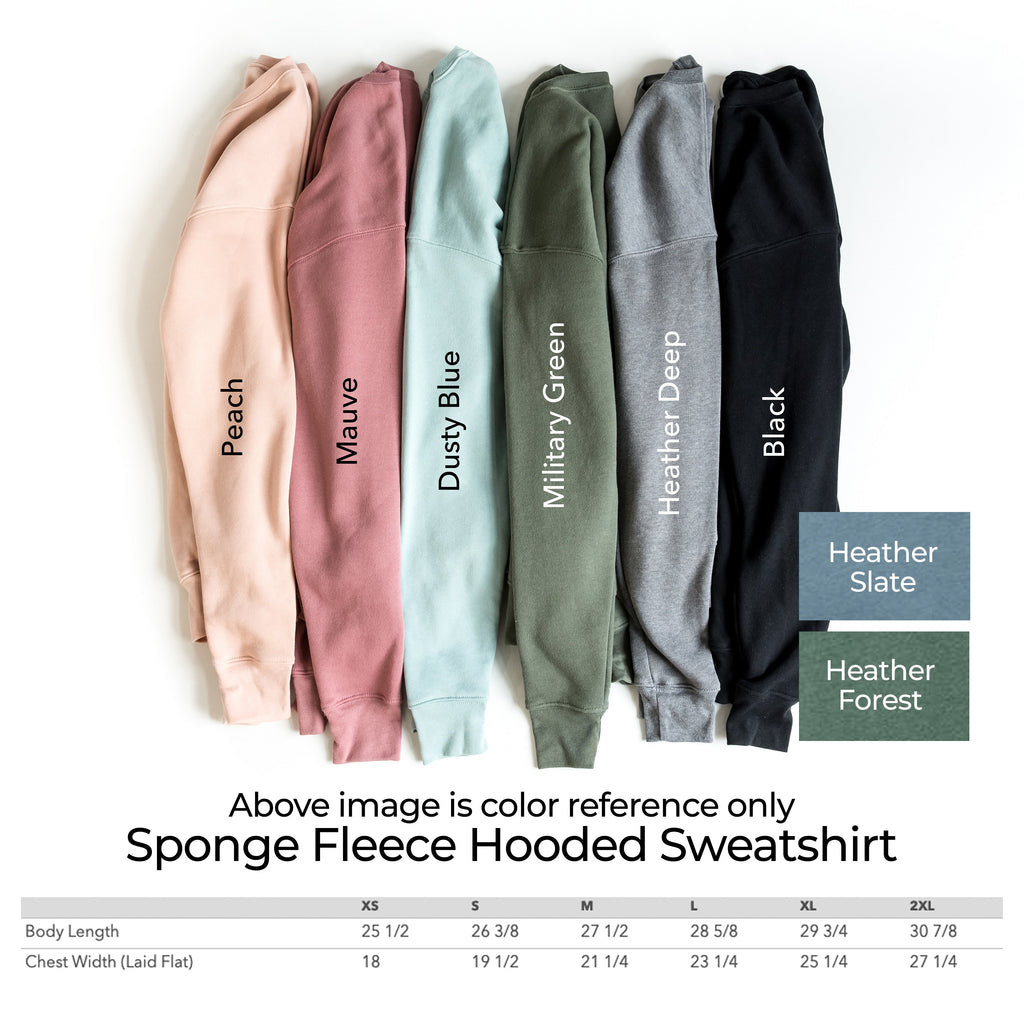 Sponge fleece hooded sweatshirt colors: Peach, Mauve, Military Green, Heather Slate, Black