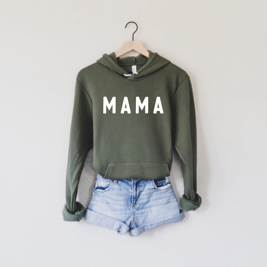 Dark green Mama fleece hoodie with large MAMA print, drawstring hood, kangaroo pocket