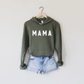 Dark green Mama fleece hoodie with large MAMA print, drawstring hood, kangaroo pocket