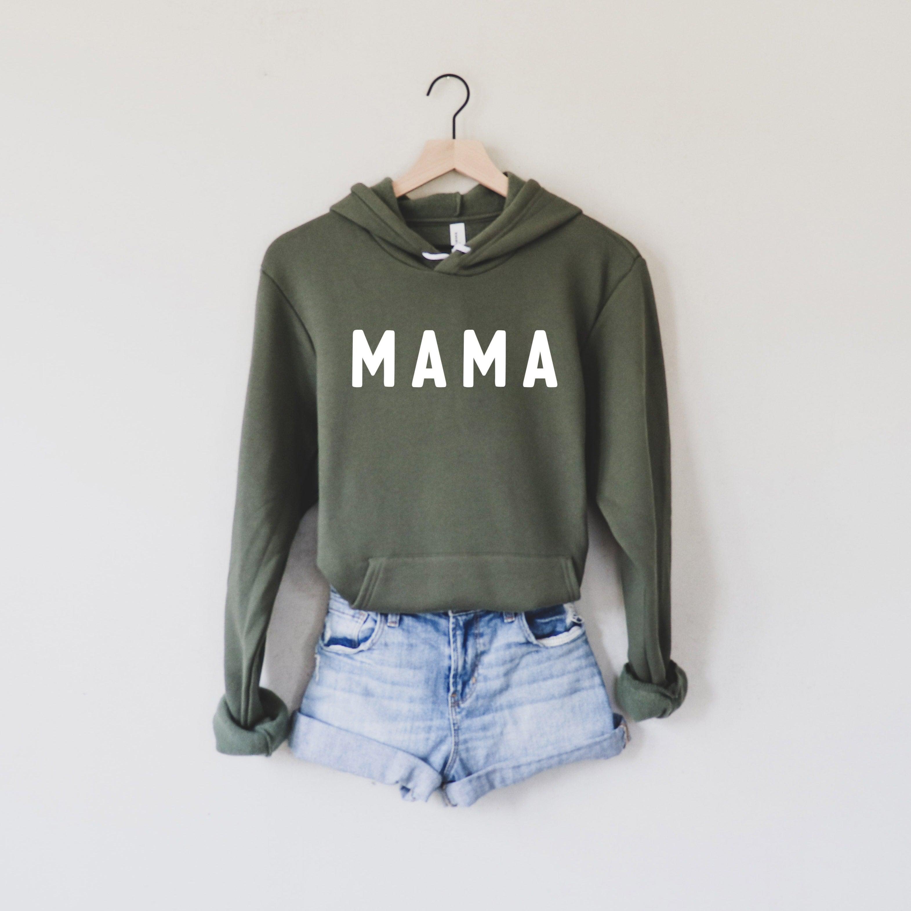 Dark green Mama fleece hoodie with large MAMA print, drawstring hood, kangaroo pocket