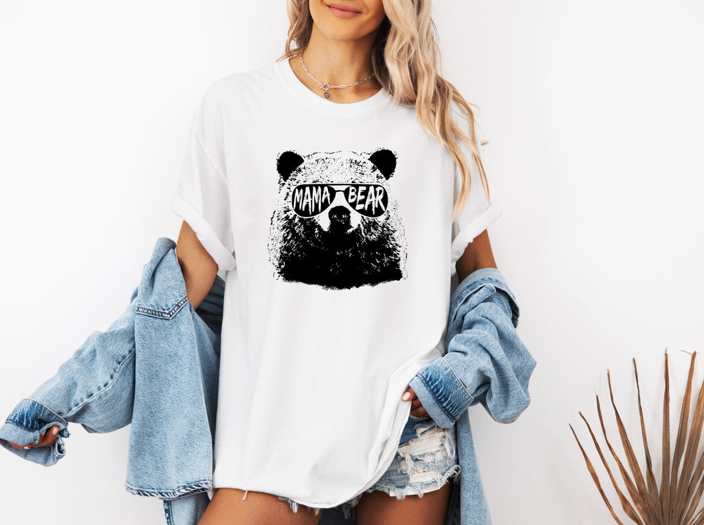 White garment-dyed T-shirt with black bear face graphic, short sleeves, crew neck.