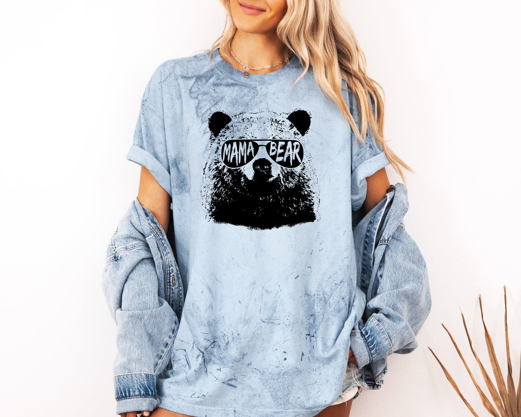 Garment-dyed T-shirt in light blue with black bear graphic on the chest