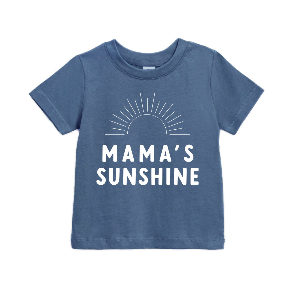 Navy baby and toddler T-shirt with “Mama’s Sunshine” sun and rays print