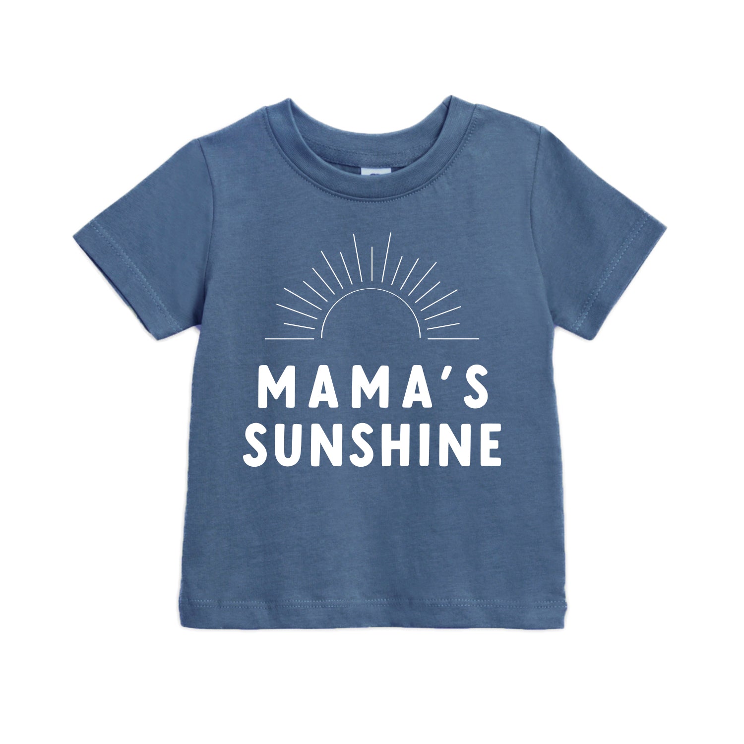 Navy baby and toddler T-shirt with “Mama’s Sunshine” sun and rays print