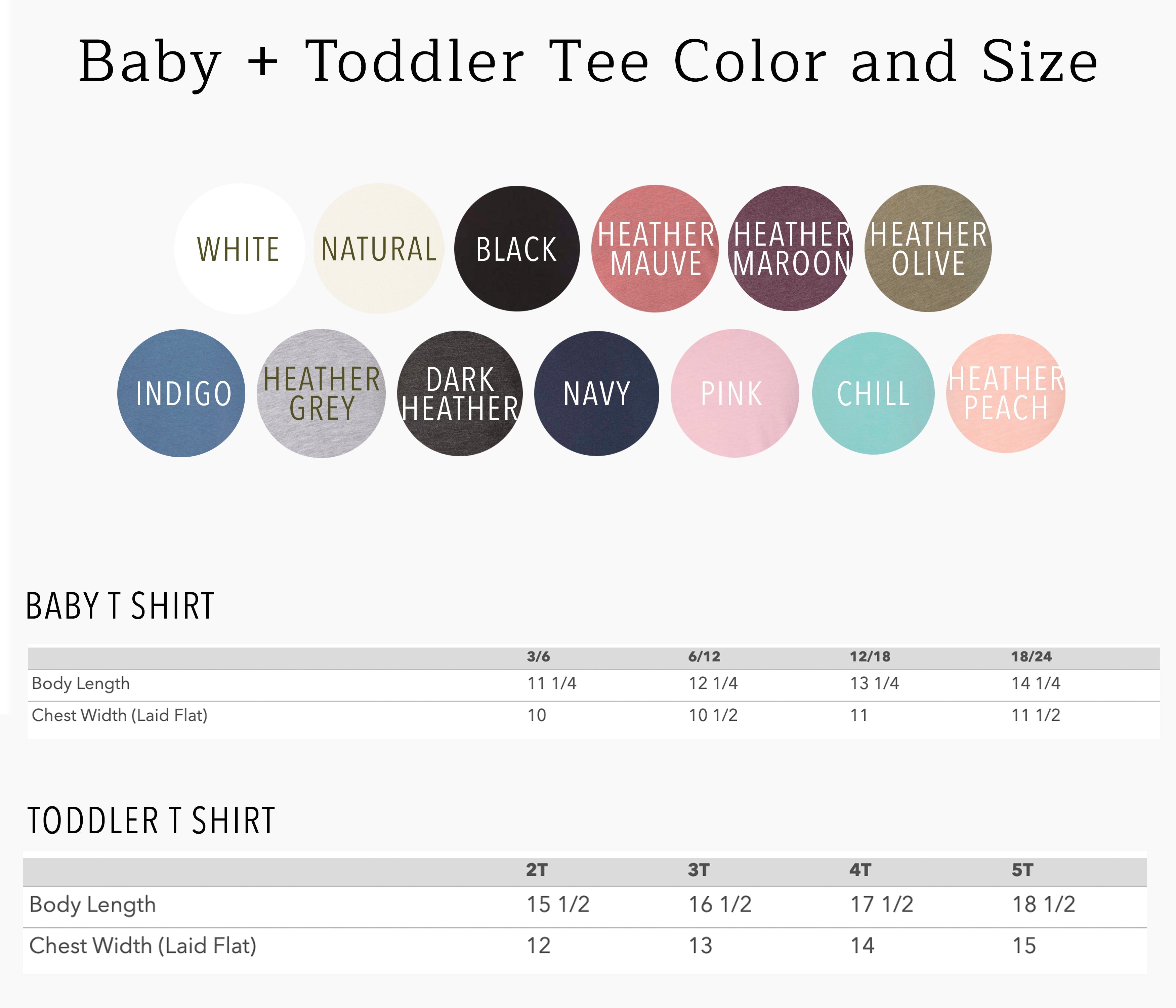 Baby and toddler T-shirt color and size chart with sizing grid and color options