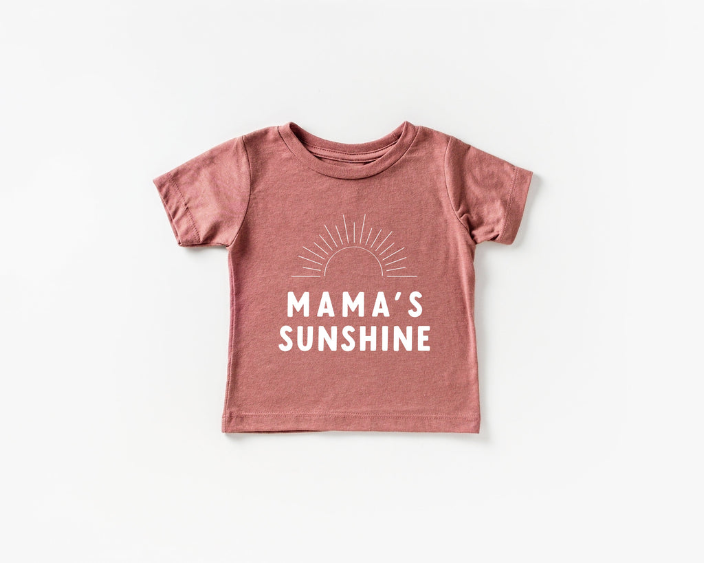 Mauve baby and toddler T-shirt with “Mama’s Sunshine” sun graphic