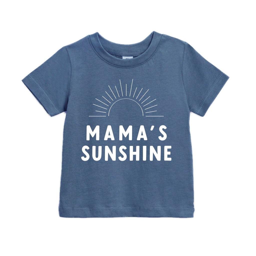 Blue baby T-shirt with 'MAMA'S SUNSHINE' and sunburst graphic on front
