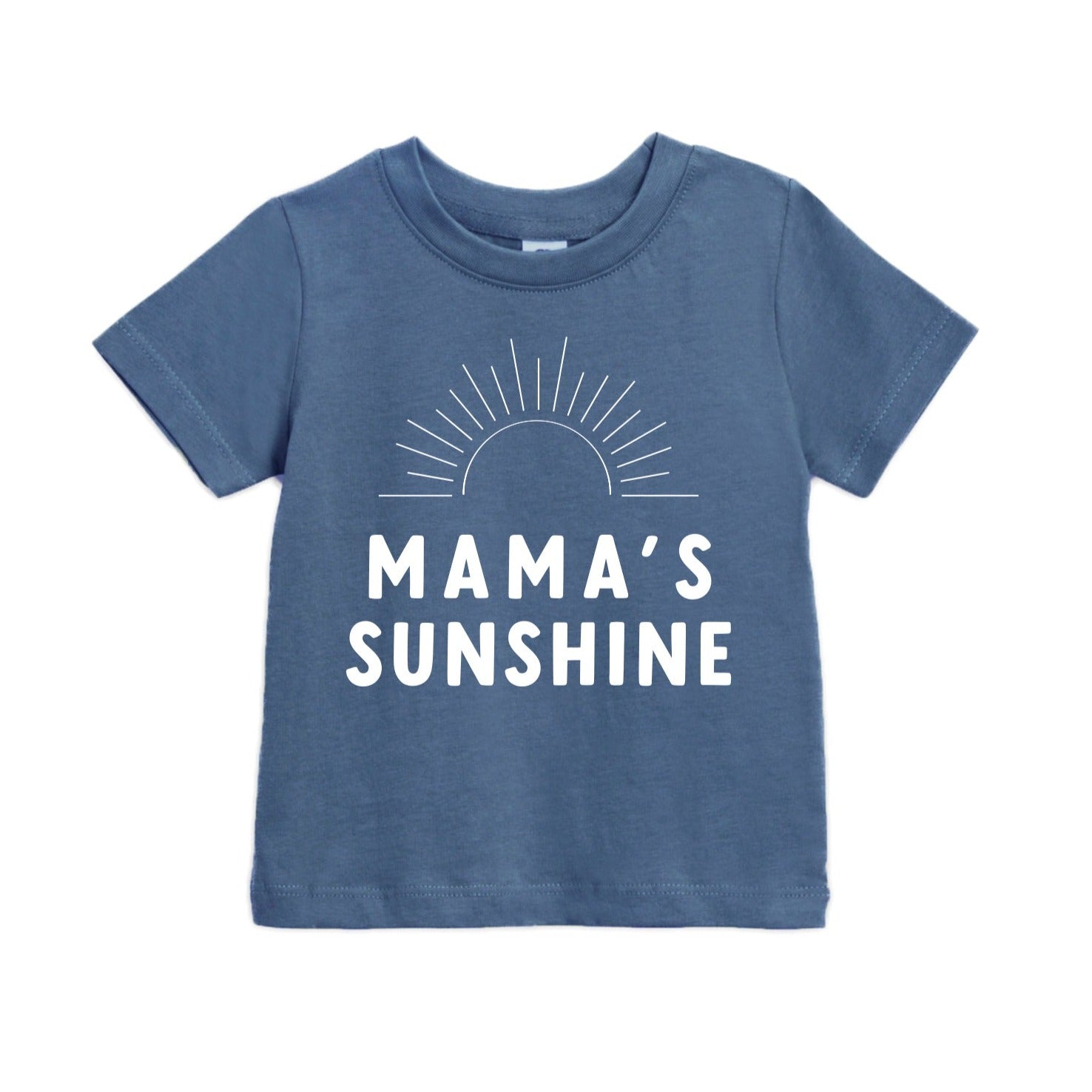 Blue baby T-shirt with 'MAMA'S SUNSHINE' and sunburst graphic on front