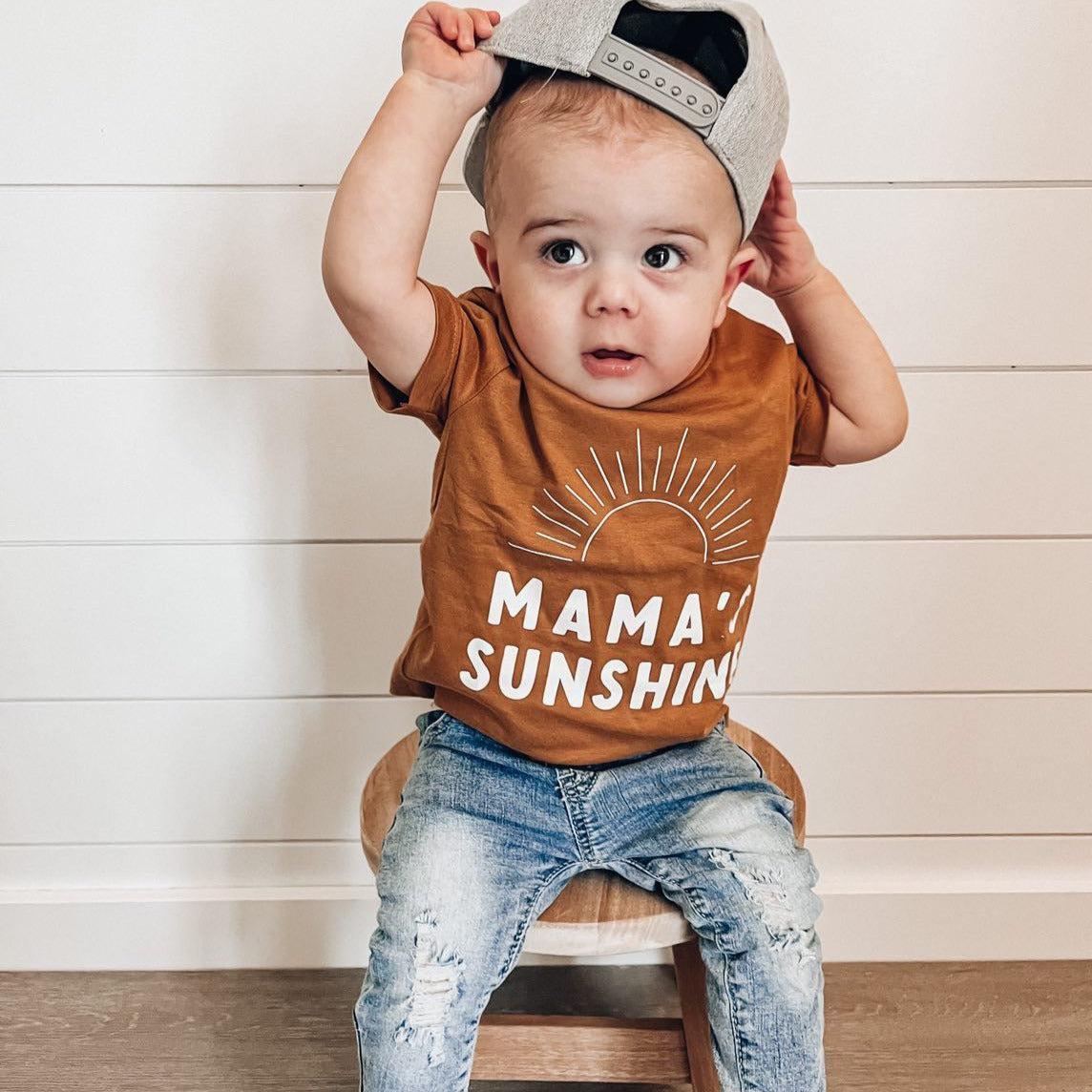 Kids organic cotton tee in ginger with 'Mama's Sunshine' front graphic