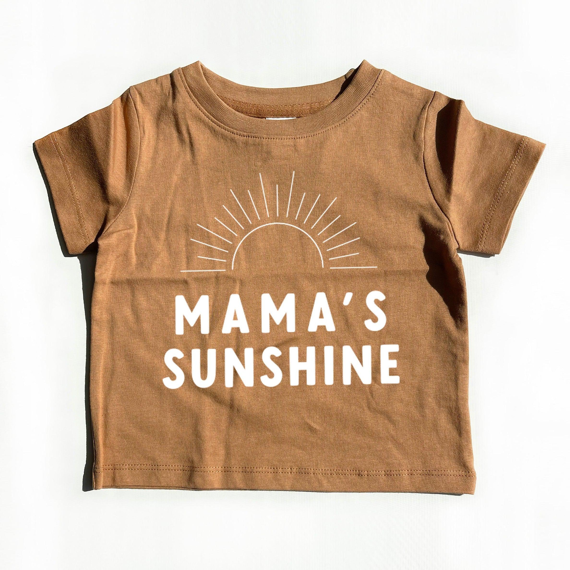 Kids organic cotton tee in brown with 'Mama's Sunshine' front graphic