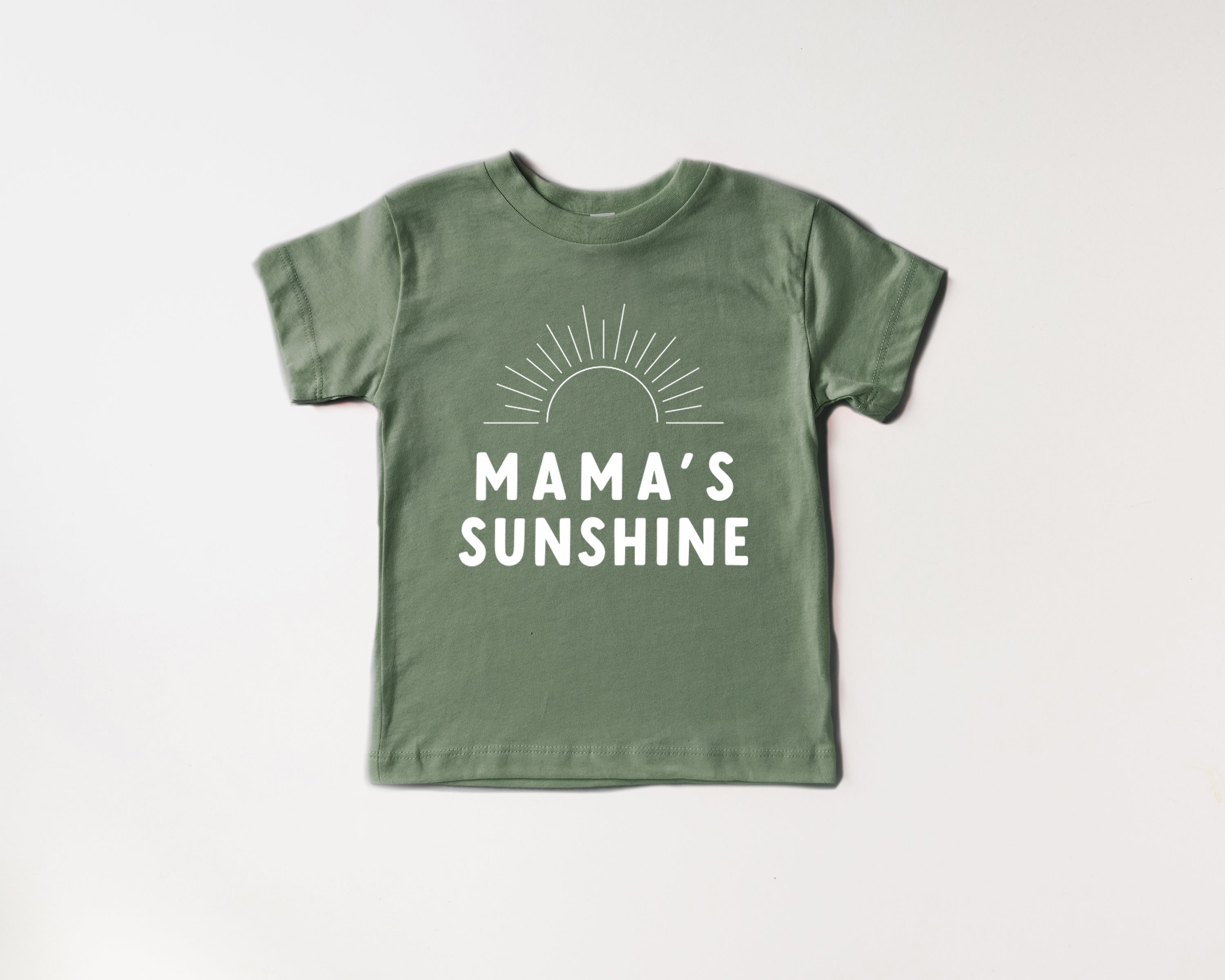 Kids organic cotton tee in thyme green with 'Mama's Sunshine' front graphic
