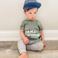 Kids organic cotton tee in thyme green with 'Mama's Sunshine' front graphic