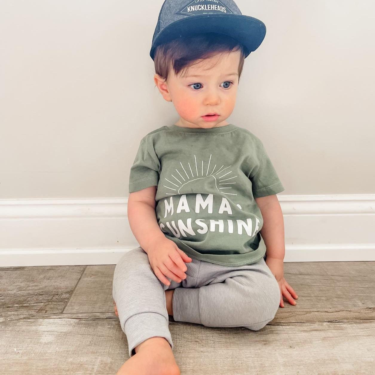 Kids organic cotton tee in thyme green with 'Mama's Sunshine' front graphic