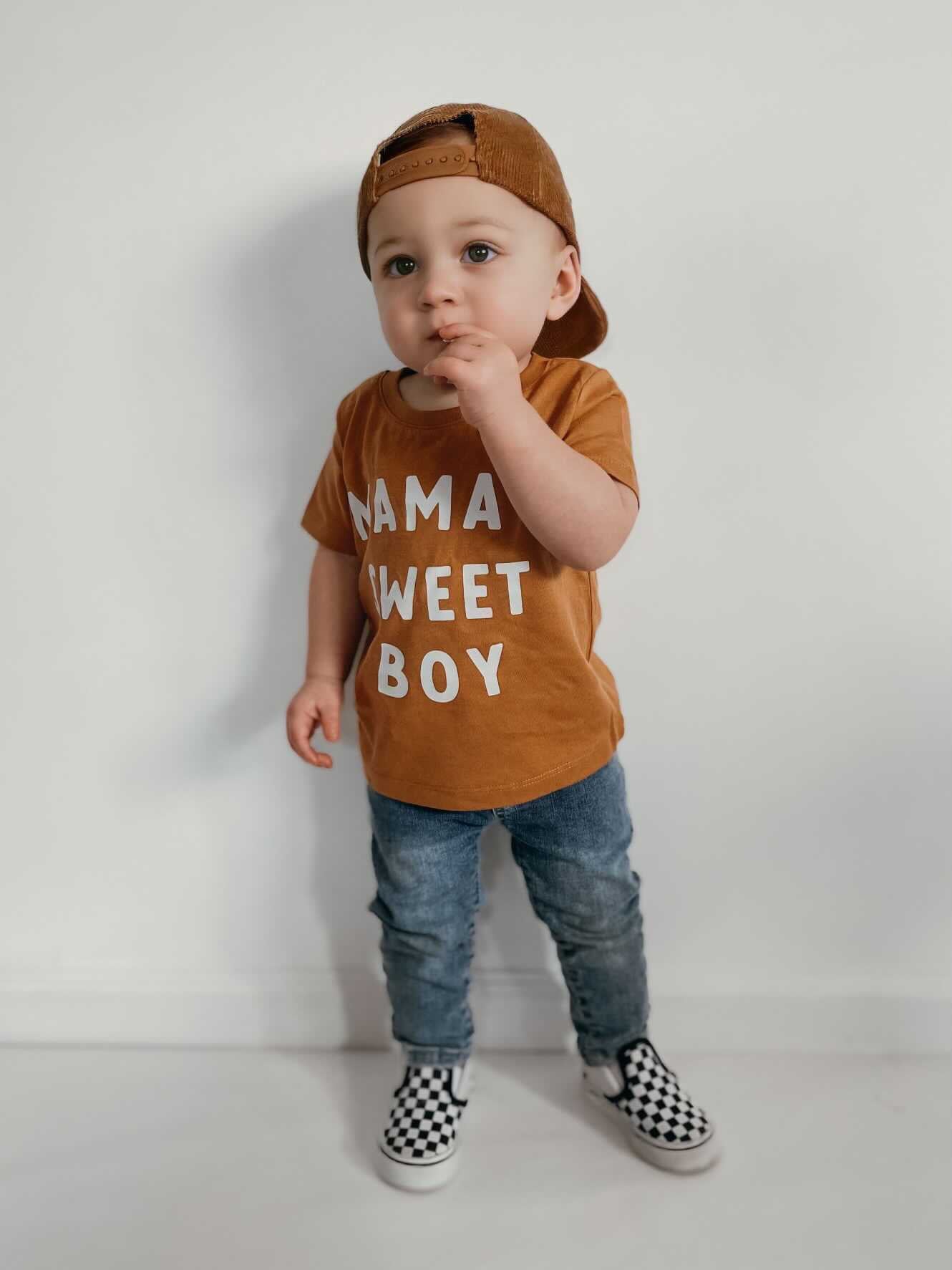 Orange-brown toddler tee with MAMA'S SWEET BOY graphic, short sleeves