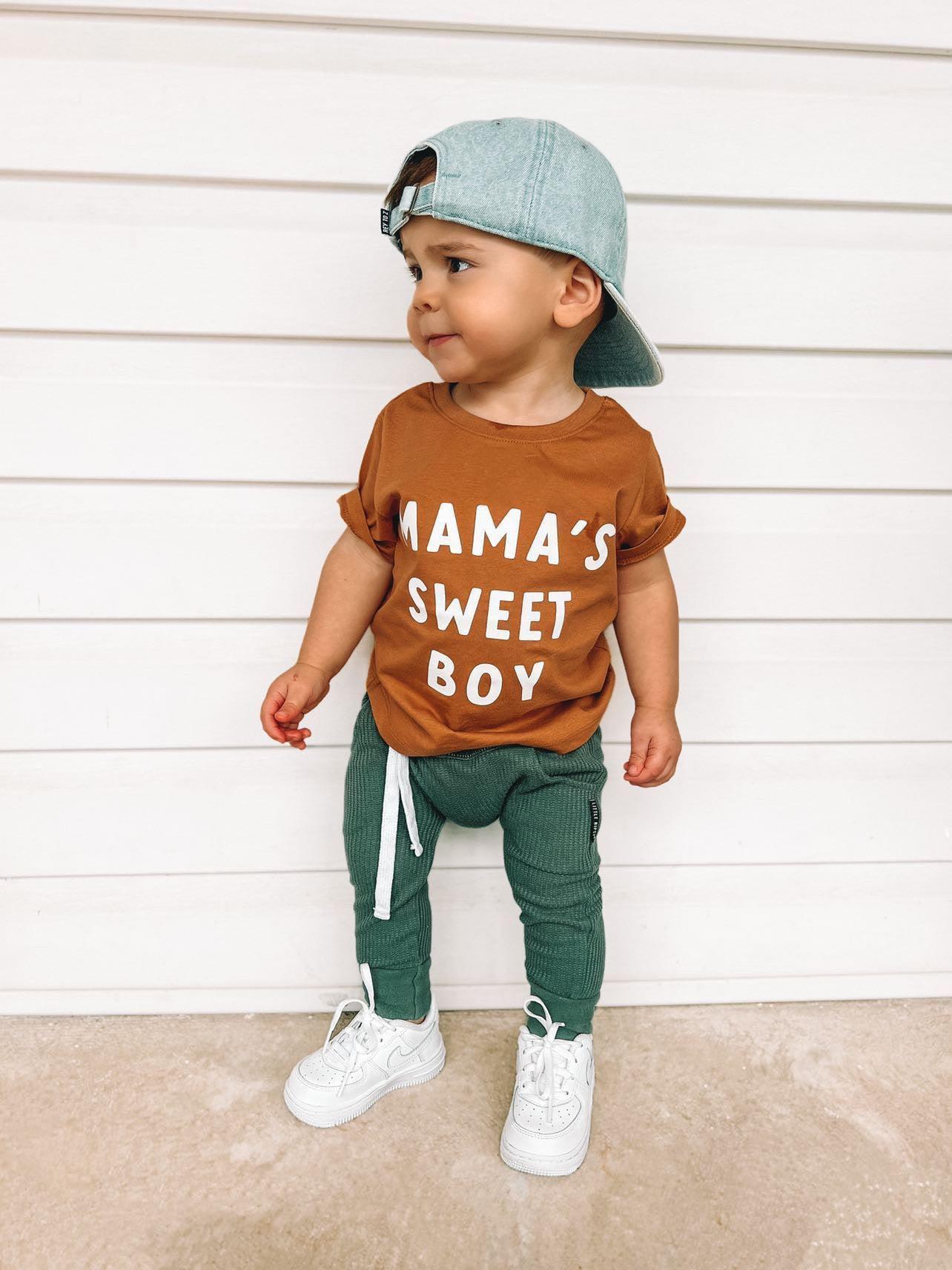 Rust orange baby tee with MAMA'S SWEET BOY print, short sleeves