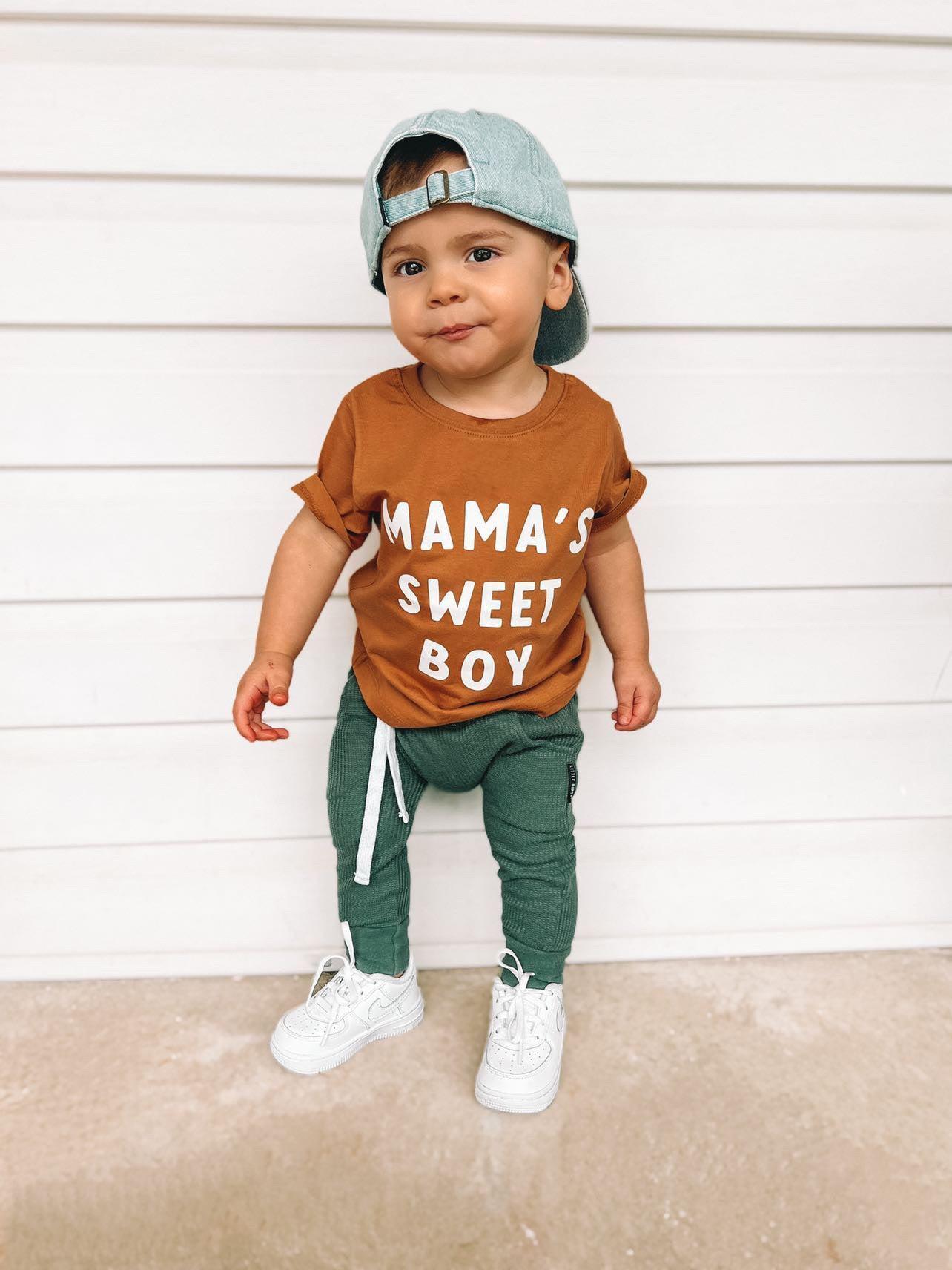 Rust orange baby tee with MAMA'S SWEET BOY lettering, short sleeves
