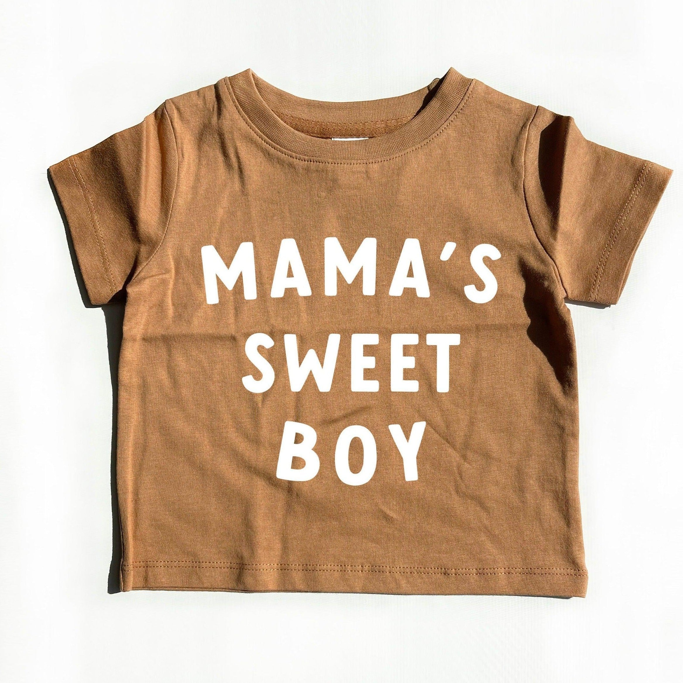 Brown short-sleeve baby tee with MAMA'S SWEET BOY text