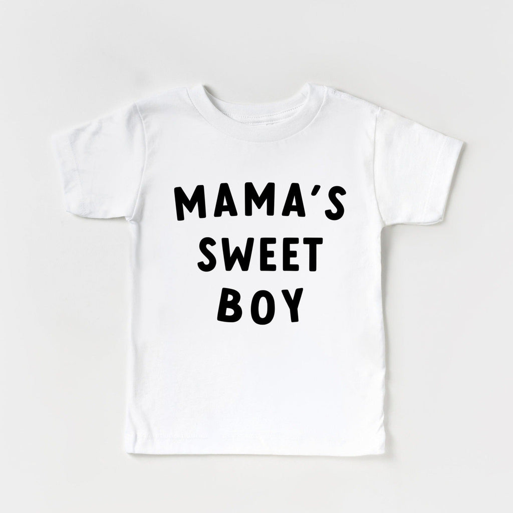White short-sleeve baby tee with MAMA'S SWEET BOY text in black