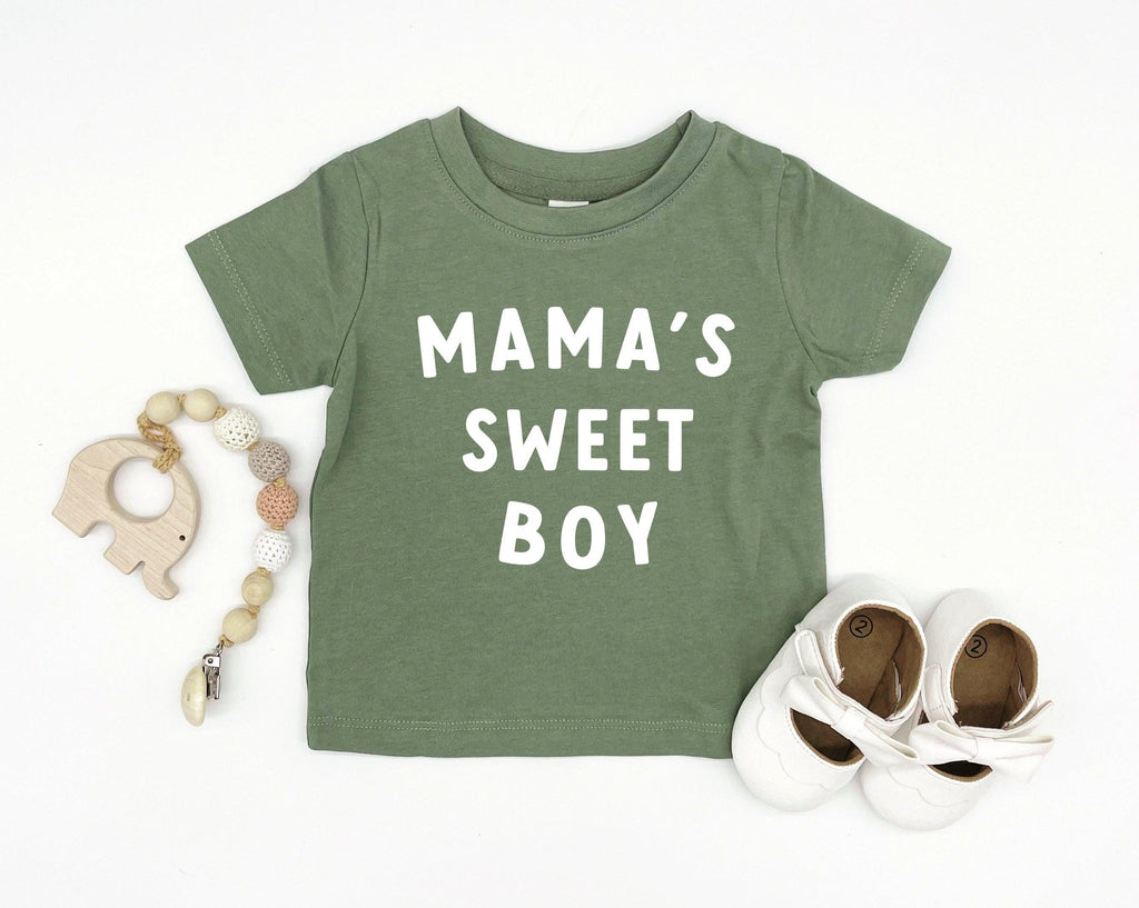 Green short-sleeve baby tee with MAMA'S SWEET BOY text