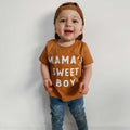 Orange-brown baby tee with MAMA'S SWEET BOY lettering, short sleeves