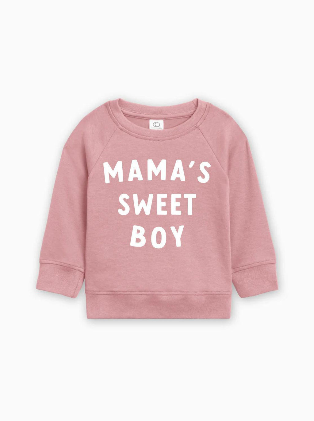 Baby pullover in dusty rose pink with white “MAMA’S SWEET BOY” text on front.