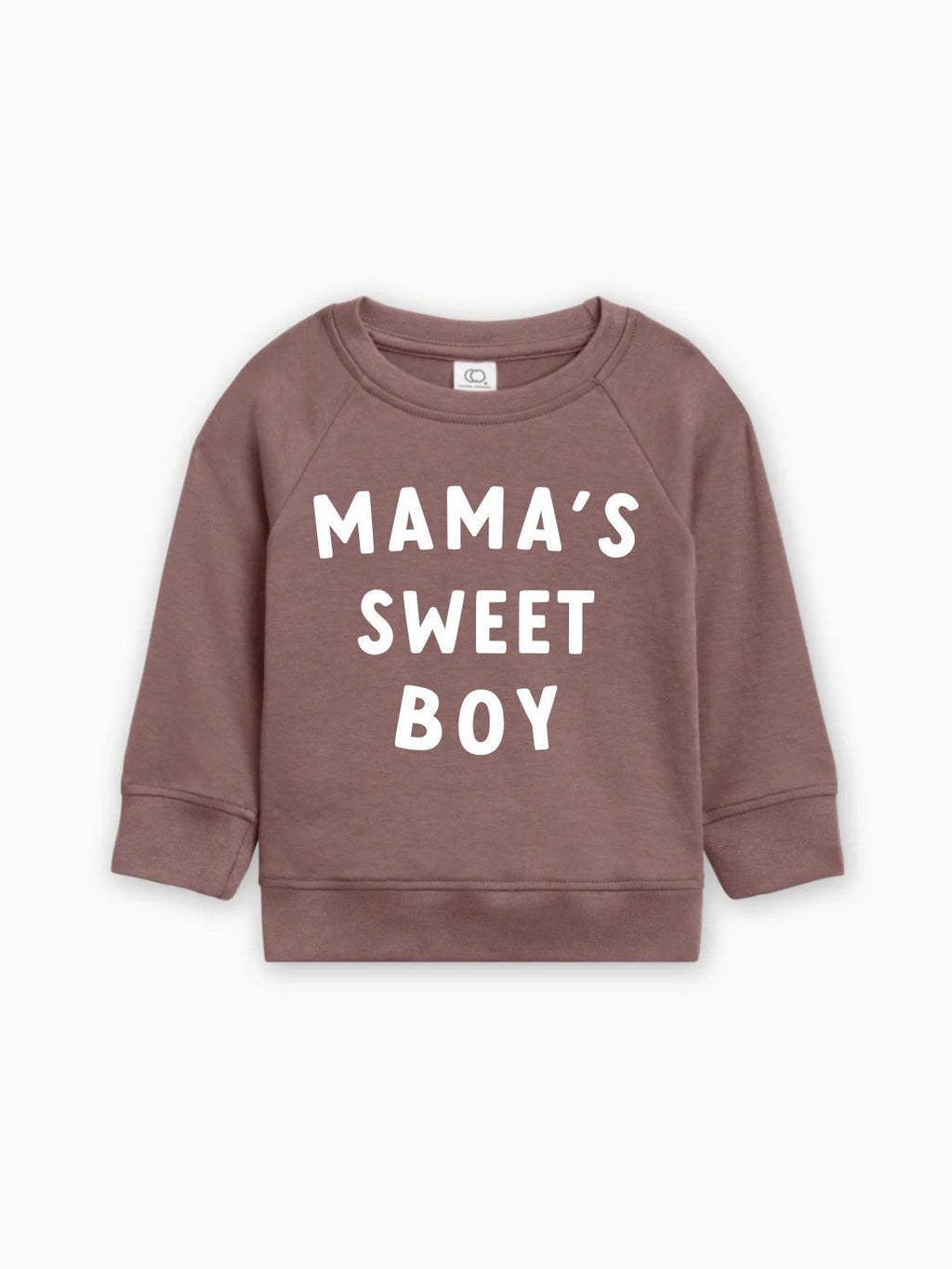 Baby pullover in mauve-brown with white “MAMA’S SWEET BOY” lettering on front.