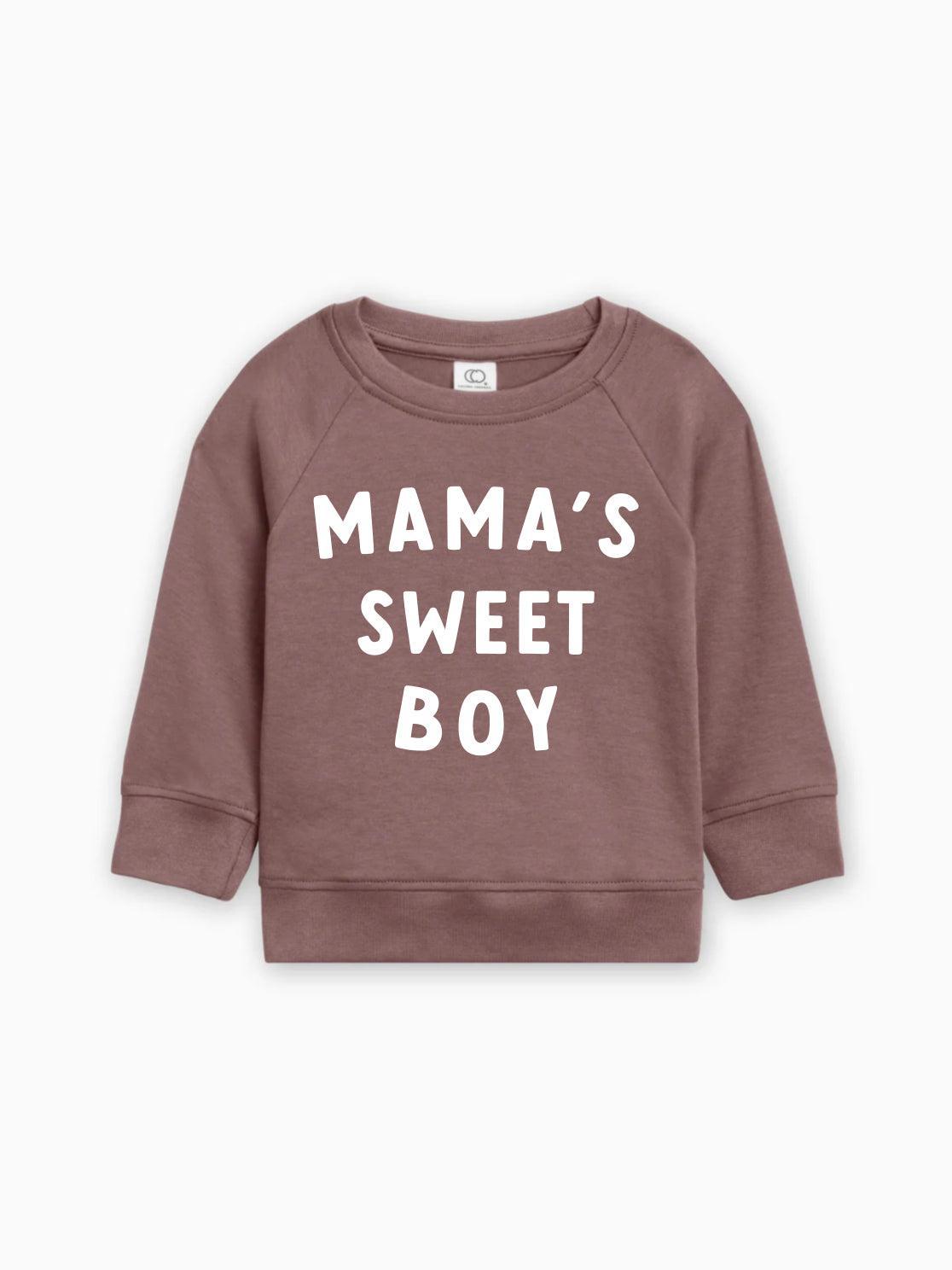 Baby pullover in mauve-brown with white “MAMA’S SWEET BOY” lettering on front.