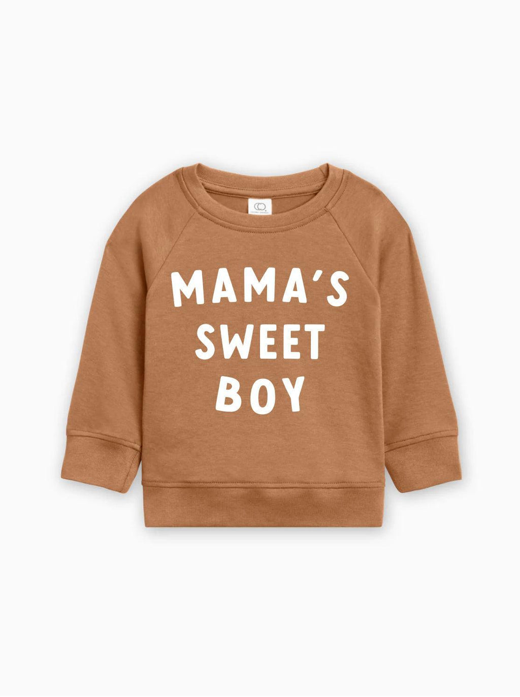 Baby pullover in warm tan-brown with white “MAMA’S SWEET BOY” text on front.