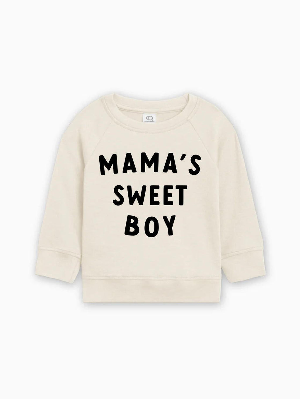 Baby pullover in natural cream with black “MAMA’S SWEET BOY” lettering on front.