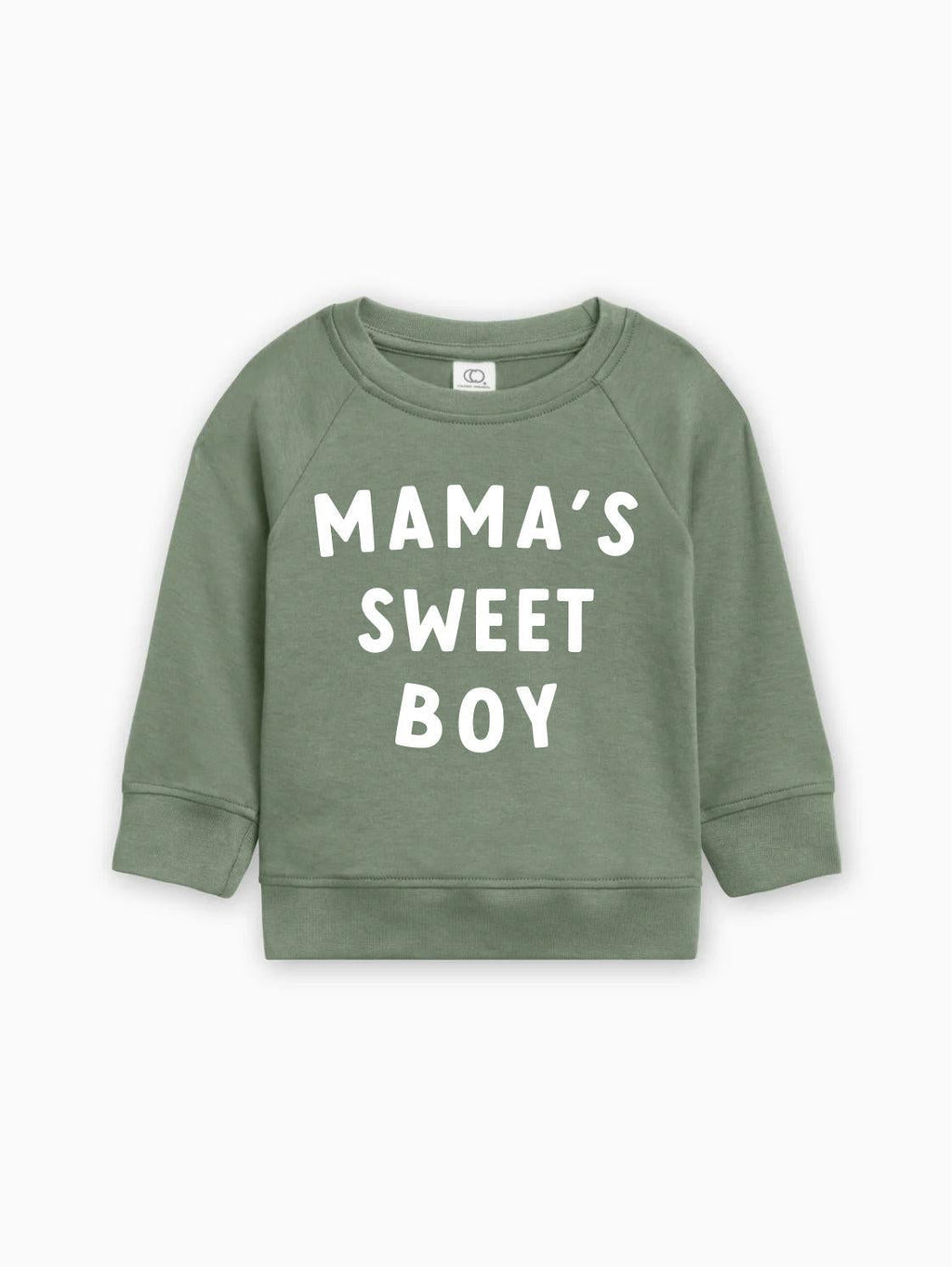Baby pullover in olive green with white “MAMA’S SWEET BOY” lettering on front.