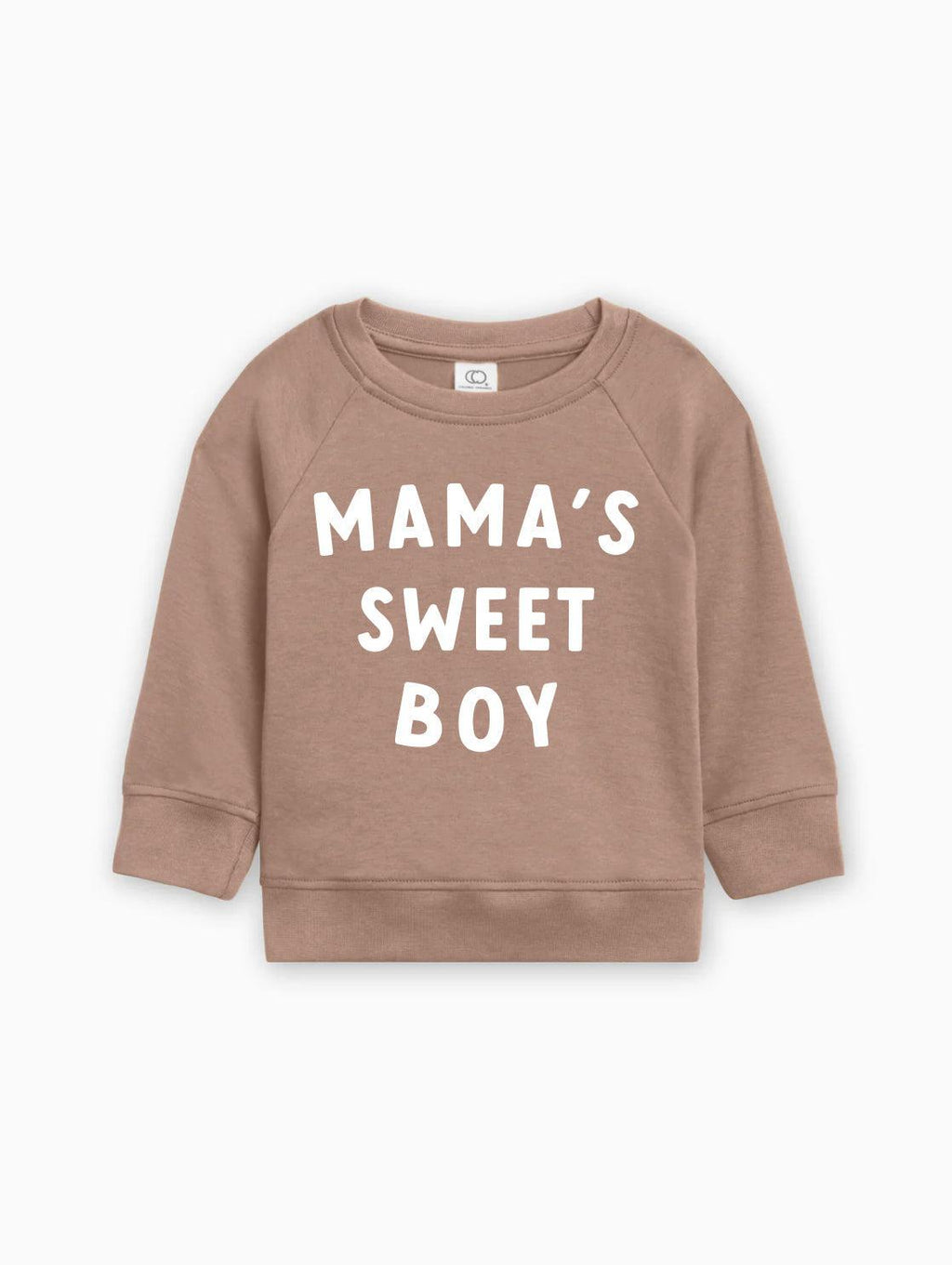 Baby pullover in light brown with white “MAMA’S SWEET BOY” text on front.