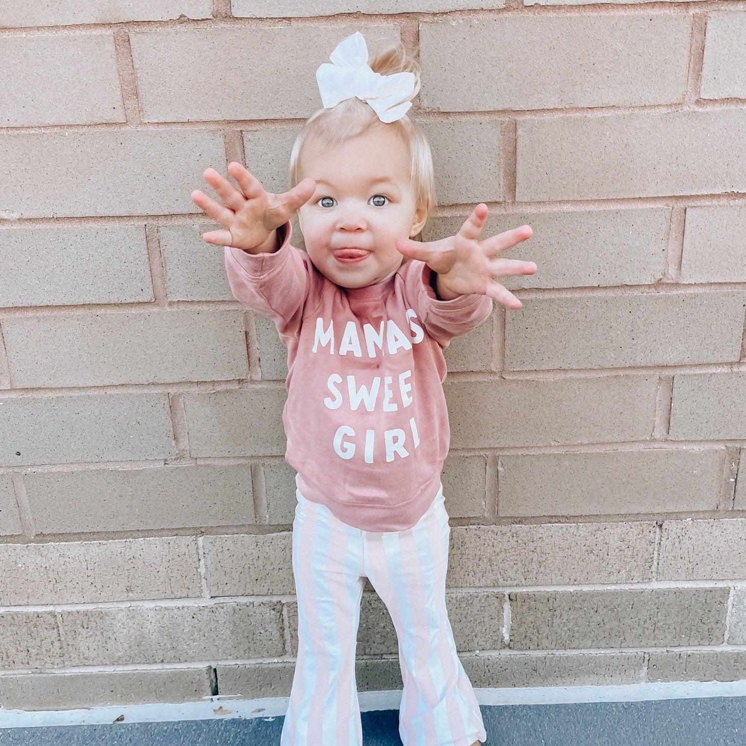 Toddler pullover sweatshirt in dusty pink with 'MAMA'S SWEET GIRL' front print