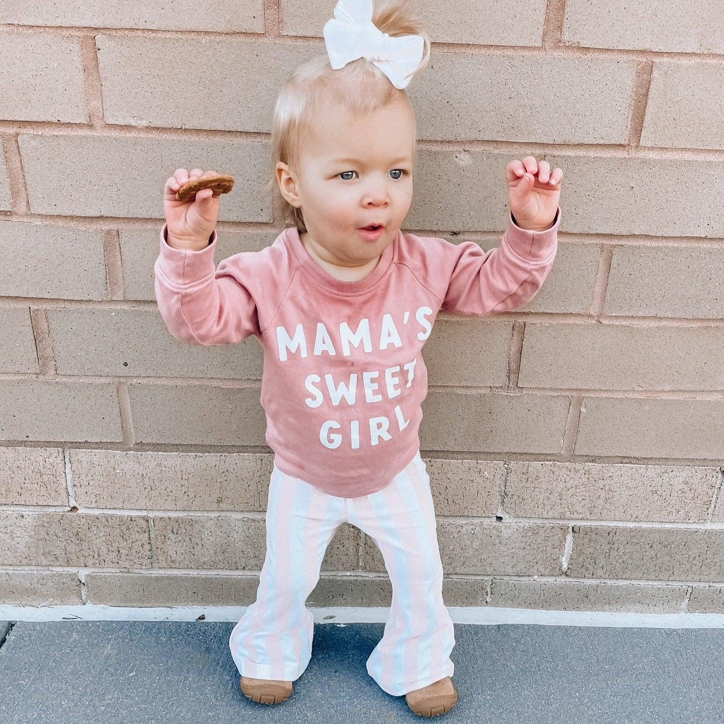 Toddler pullover sweatshirt in dusty pink with 'MAMA'S SWEET GIRL' front print