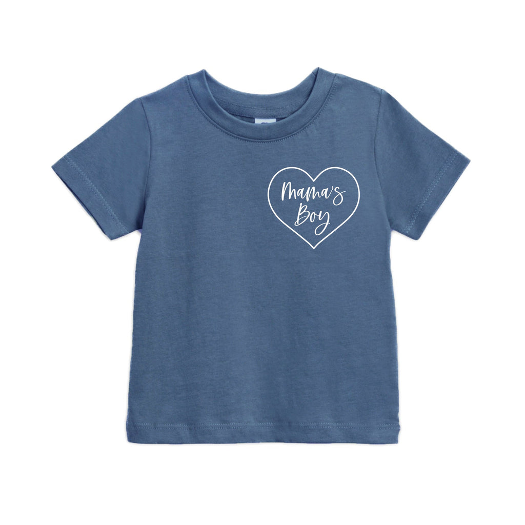 Blue baby T-shirt with 'Mama's boy' heart logo