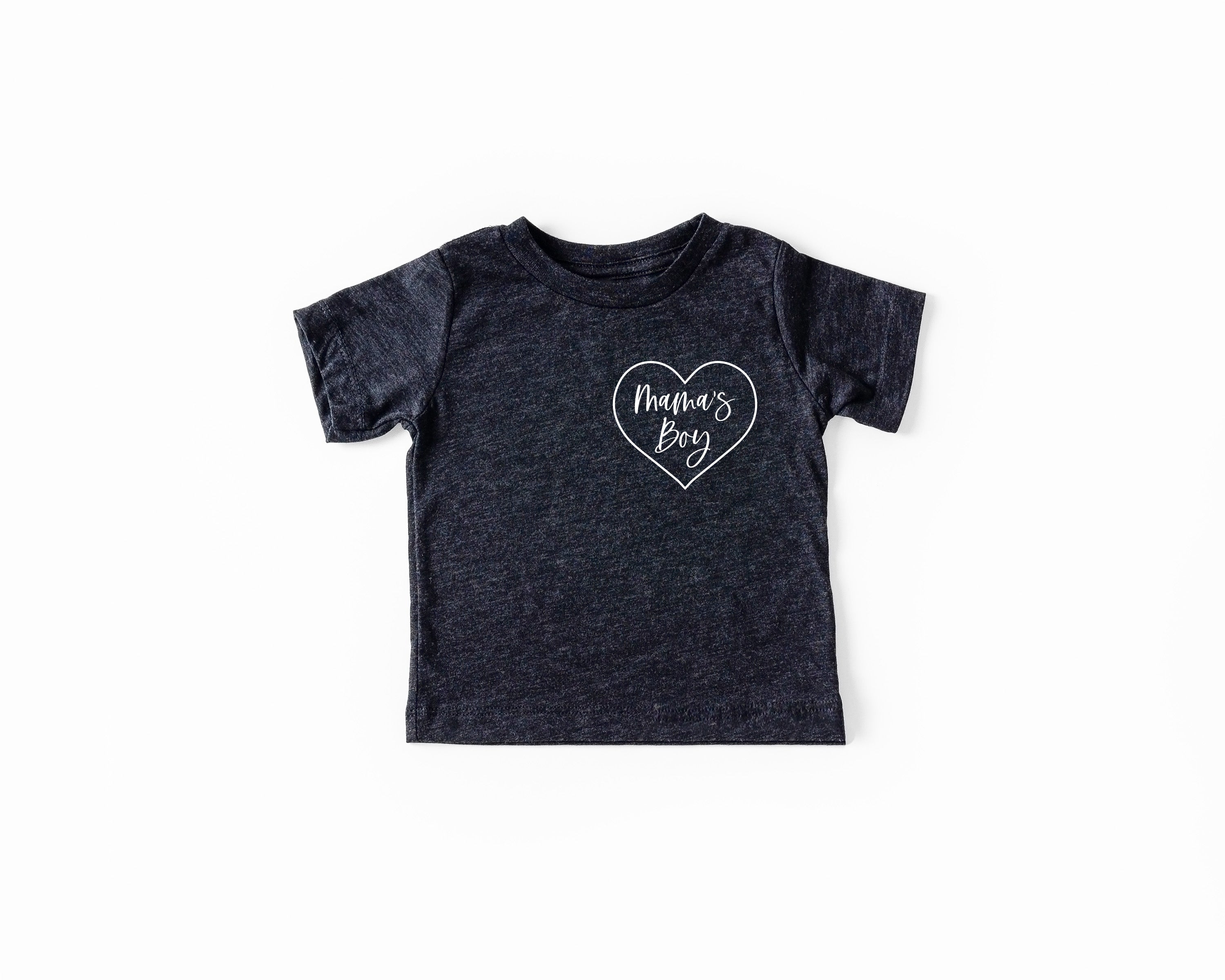 Dark heather baby T-shirt with 'Mama's boy' heart logo