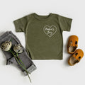 Olive baby T-shirt with 'Mama's boy' heart logo