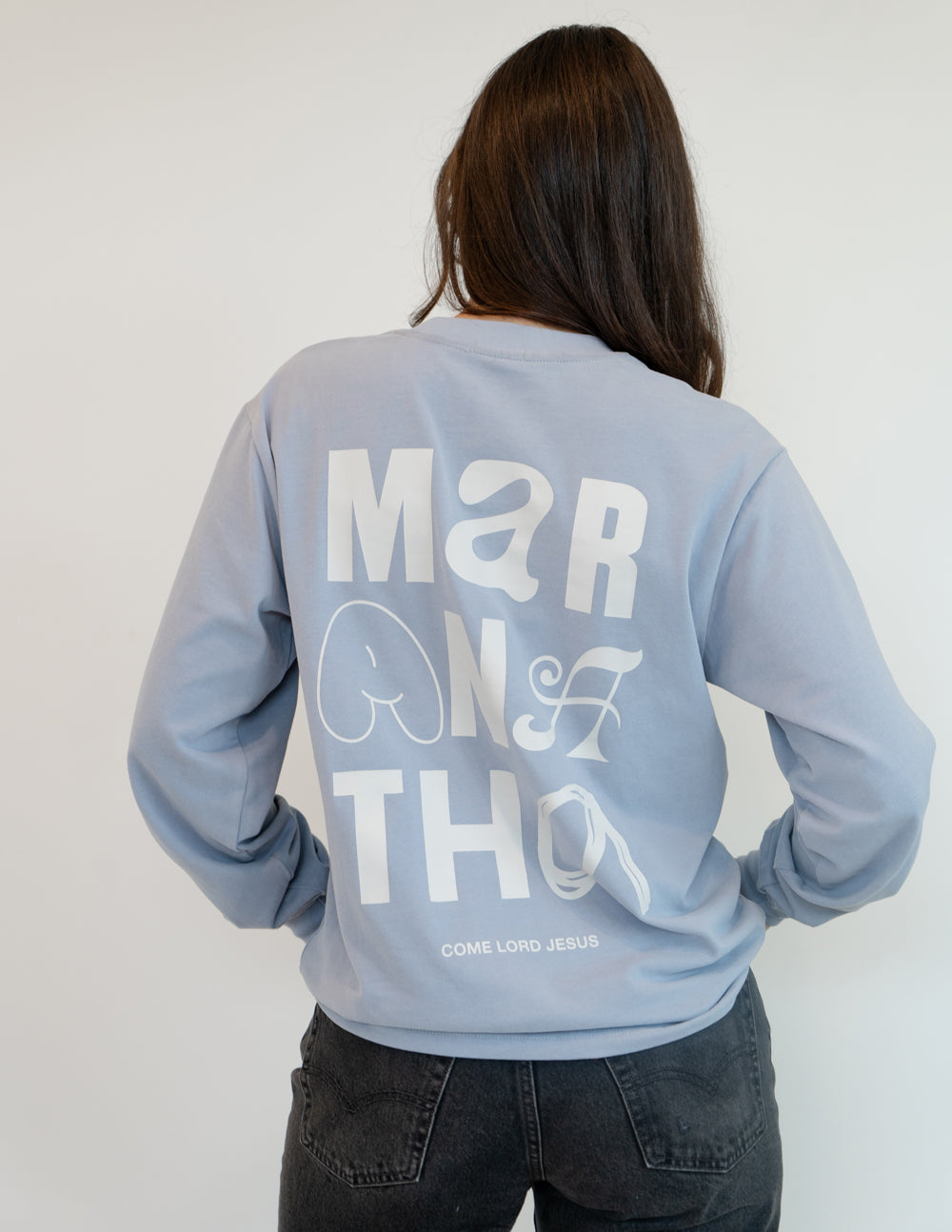 Maranatha unisex tee, light blue back graphic and 'COME LORD JESUS' text