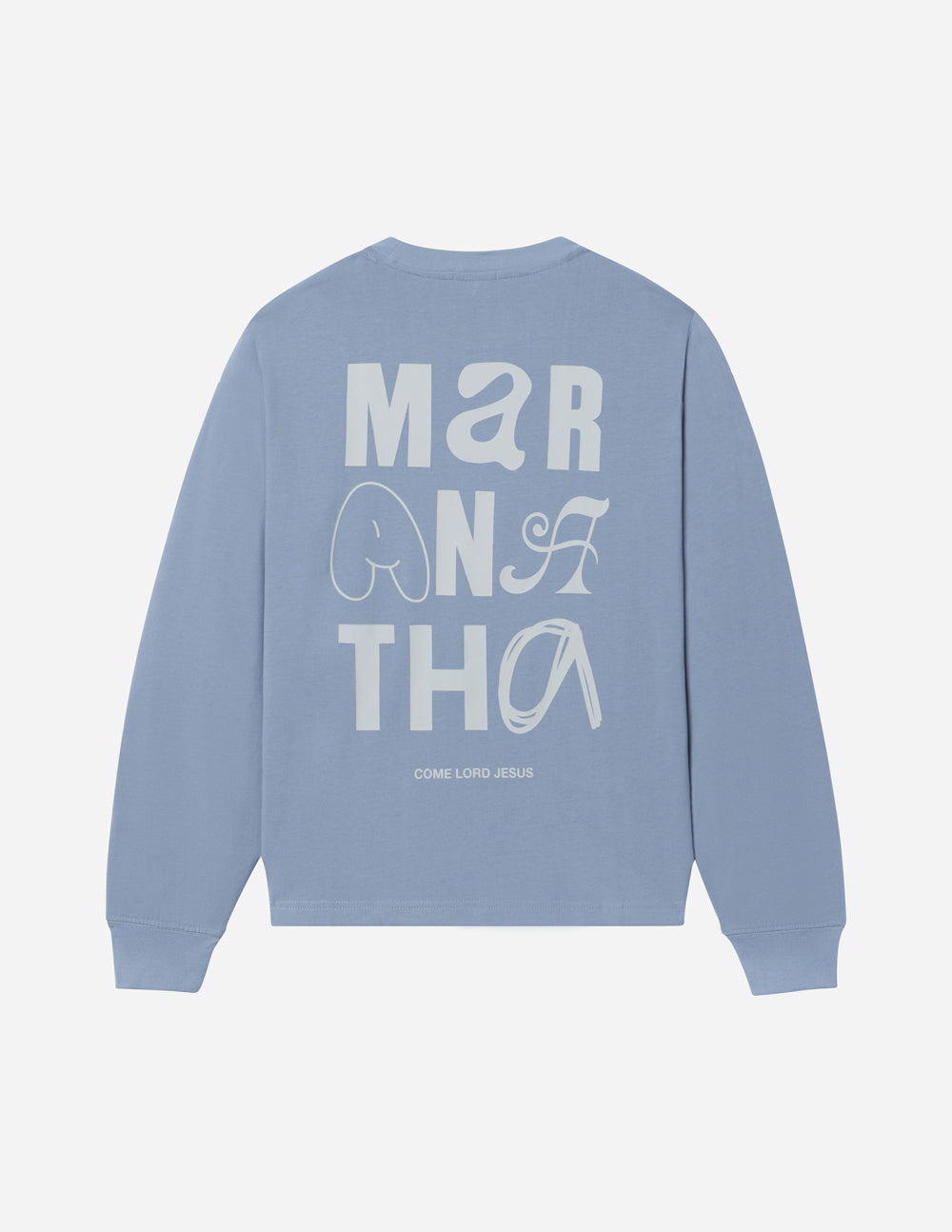 Maranatha unisex tee, light blue back with large 'MARANATHA' graphic