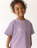 Kids lavender T-shirt with 'Me + God' graphic and floral print