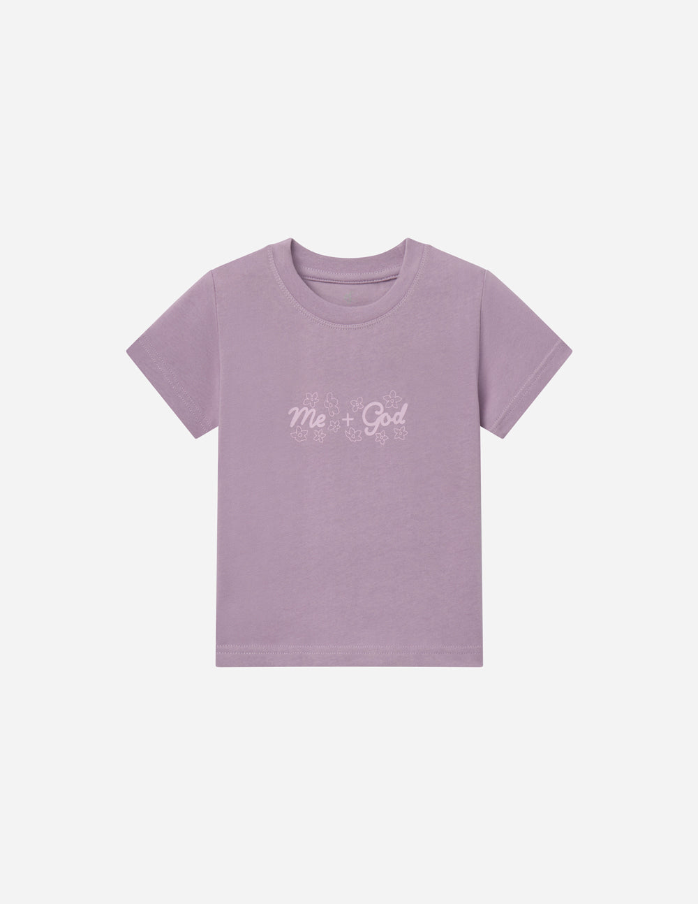 Kids lavender T-shirt with 'Me + God' graphic; short-sleeve crew neck