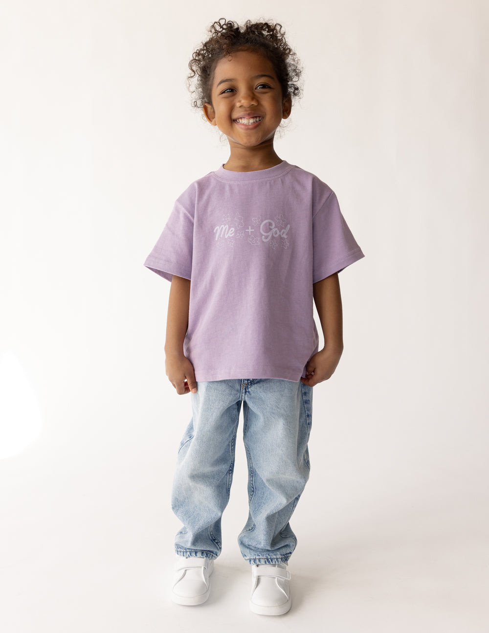 Kids lavender T-shirt with 'Me + God' front graphic; crew neck