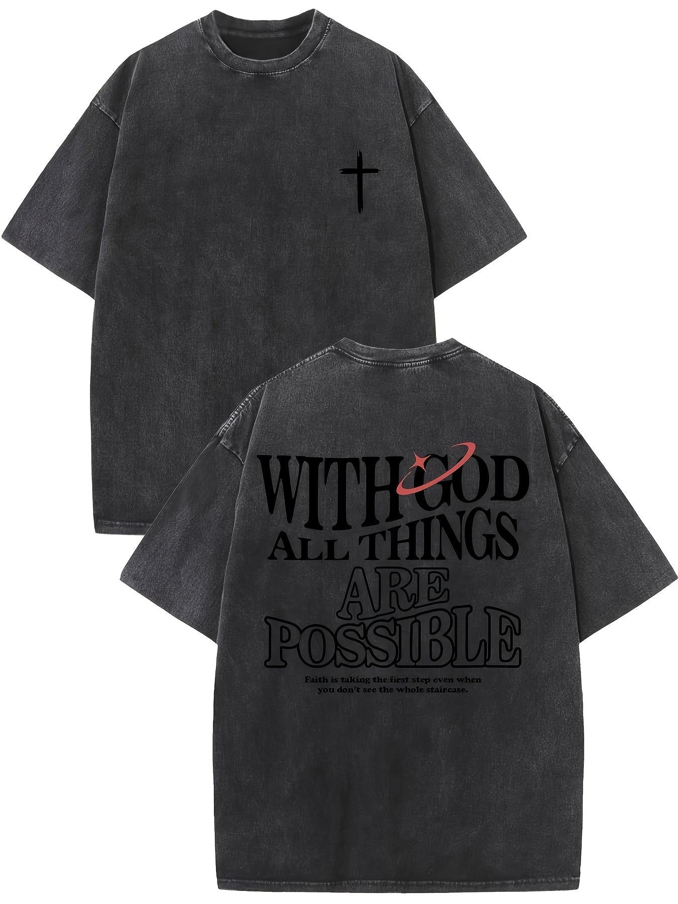 Washed black men’s T-shirt with cross and “With God All Things Are Possible” print