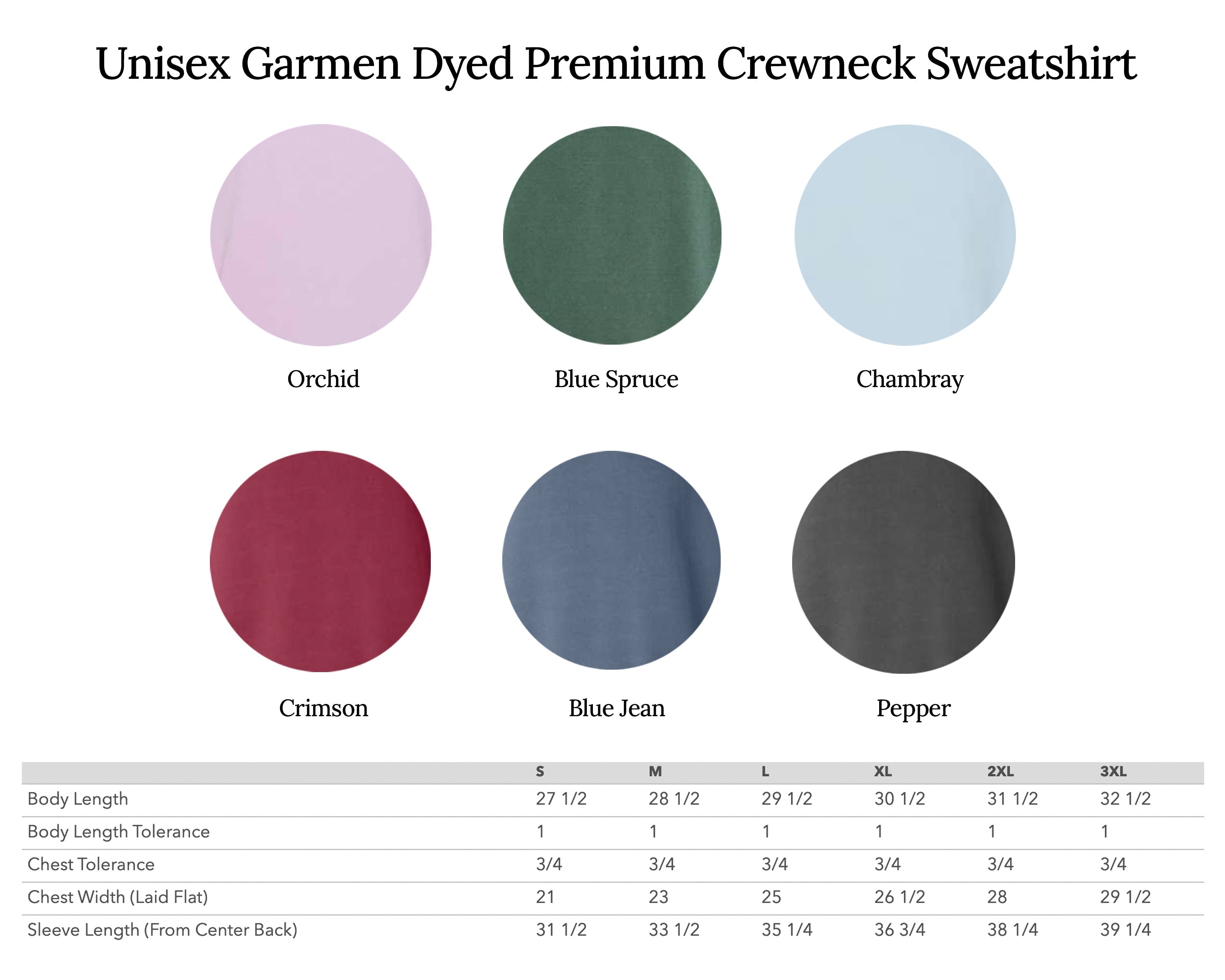Crewneck sweatshirt size chart with color swatches for Orchid, Blue Spruce, Chambray
